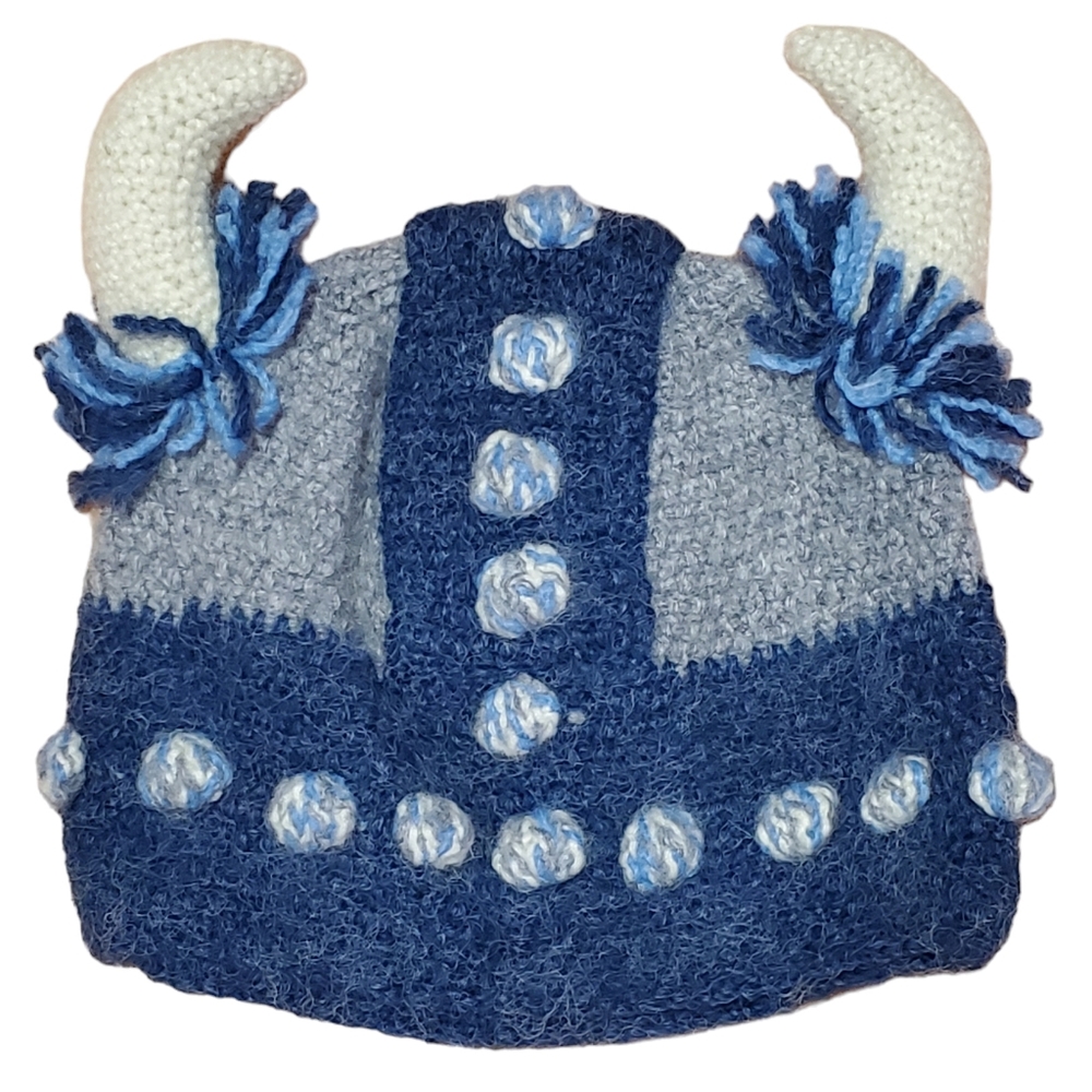 Hand Knit Horned Viking Hat blue white